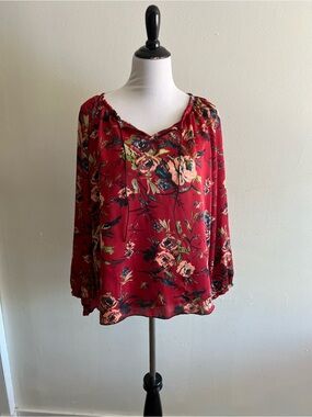 Red Floral Tie-Neck Peasant Blouse